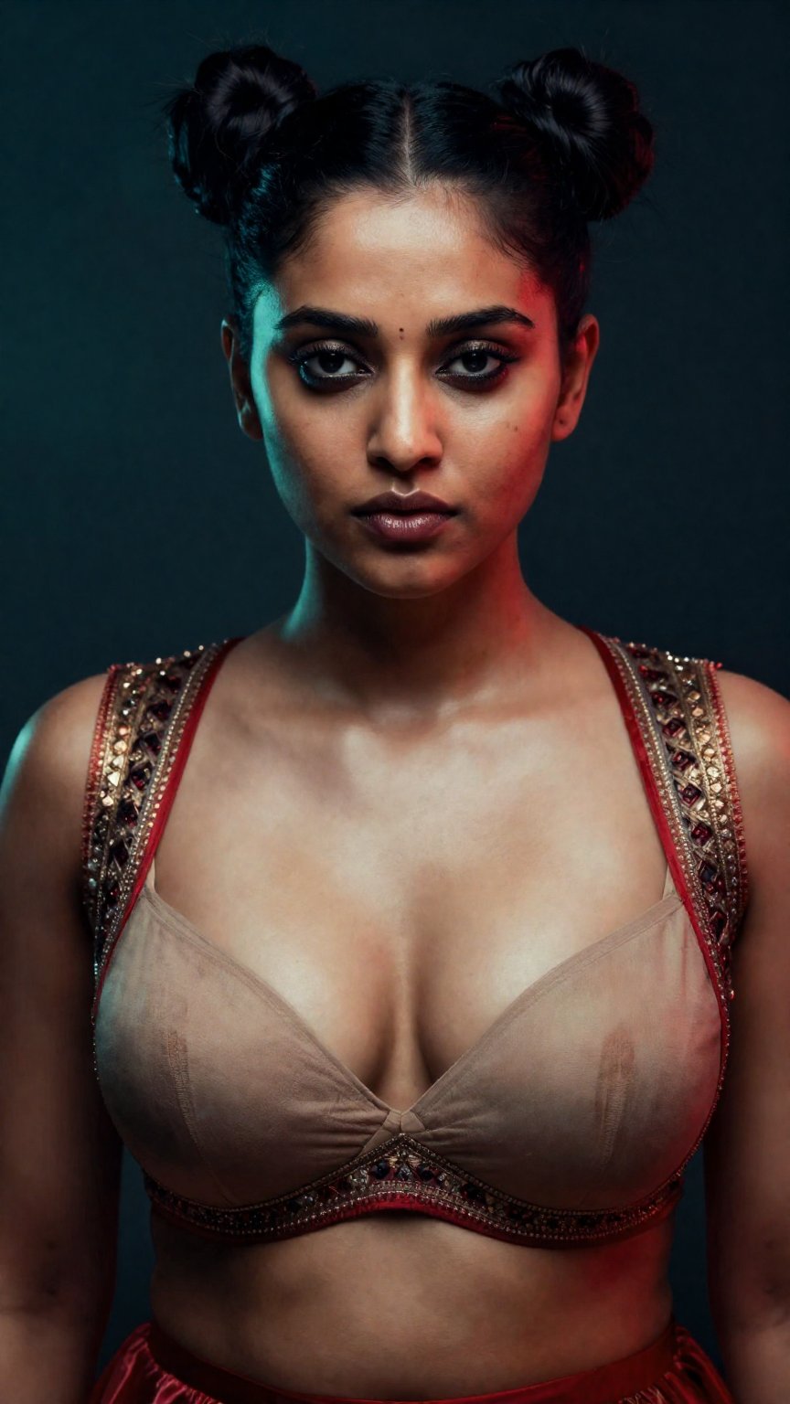 Create a stunning image of a beautiful South Asian woman with a double bun hairstyle,  wearing a luxurious and fashionable...