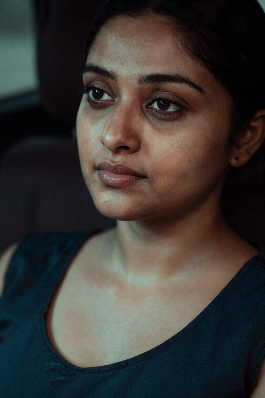 A beautiful south Asian woman's face close-up,  with subtle cleavage showing in an elegant yet casual outfit. Her fair ski...