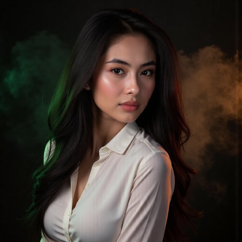 This image is an evocative,  high-definition picture of a breathtaking beautiful model captured in a low-light background....