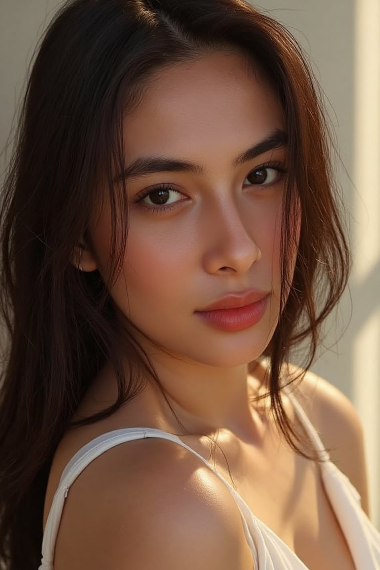 A stunning 20-year-old beautiful woman close-up within the frame,  radiant with elegance. Backlit by warm sunlight,  looki...