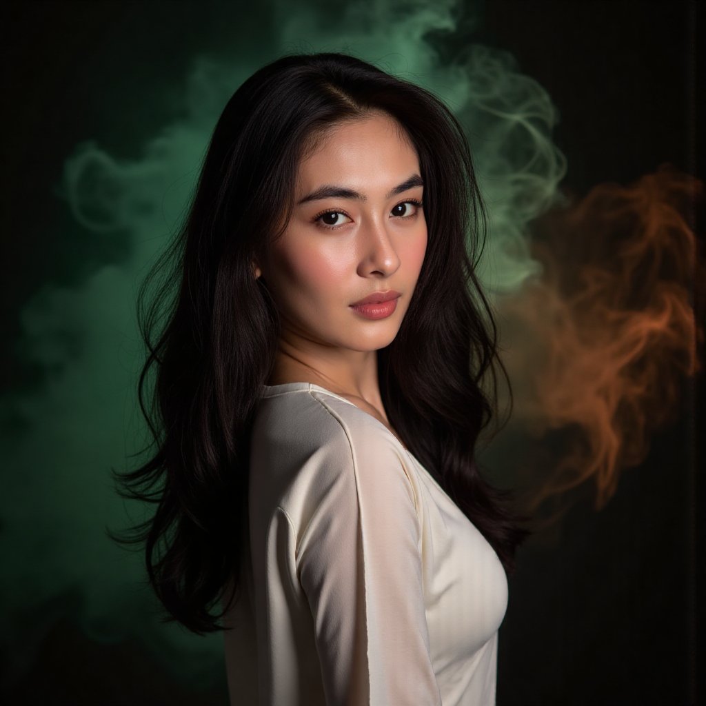 This image is an evocative,  high-definition picture of a breathtaking beautiful model captured in a low-light background....