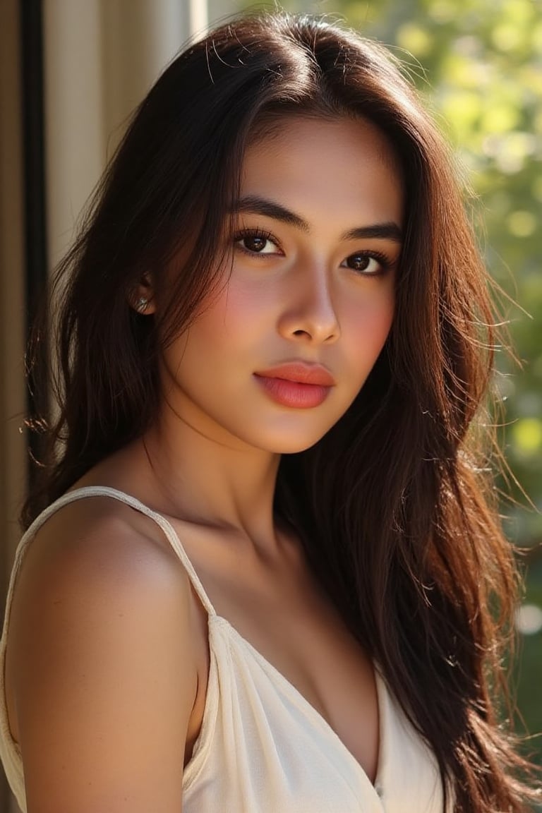 A stunning 20-year-old beautiful woman close-up within the frame,  radiant with elegance. Backlit by warm sunlight,  looki...