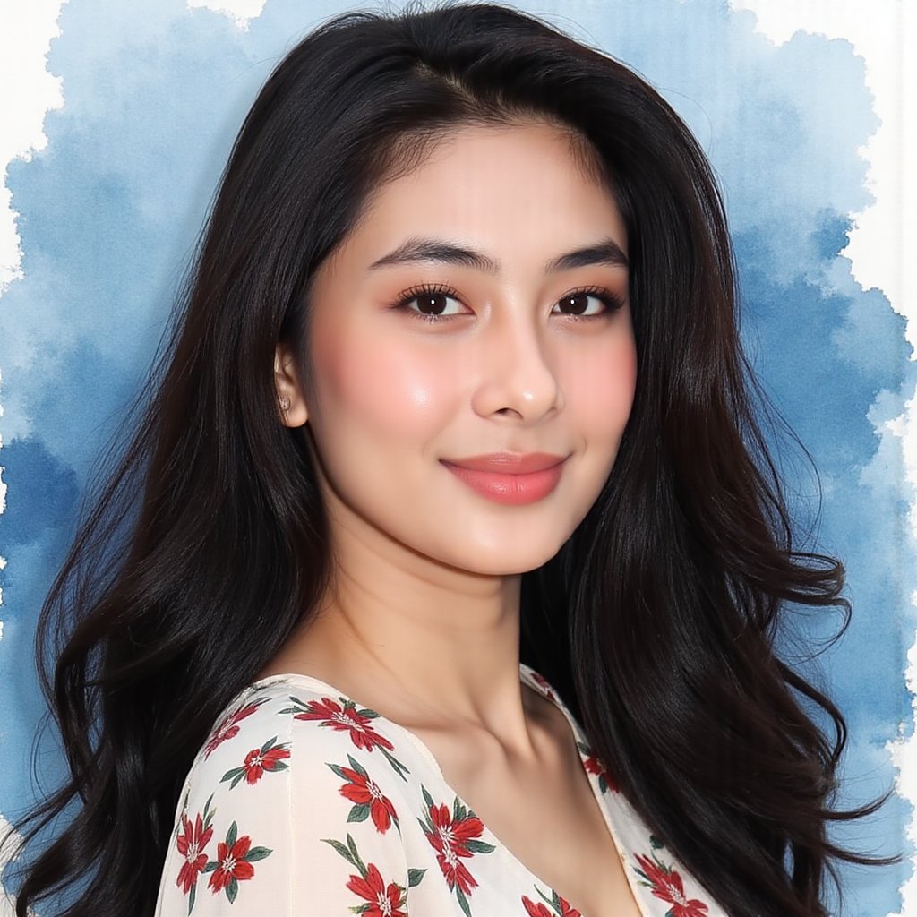 Full long shot a portrait,  stunning Asian woman long voluminous black hair,  small flora and blouse pattern by jusTomat o...