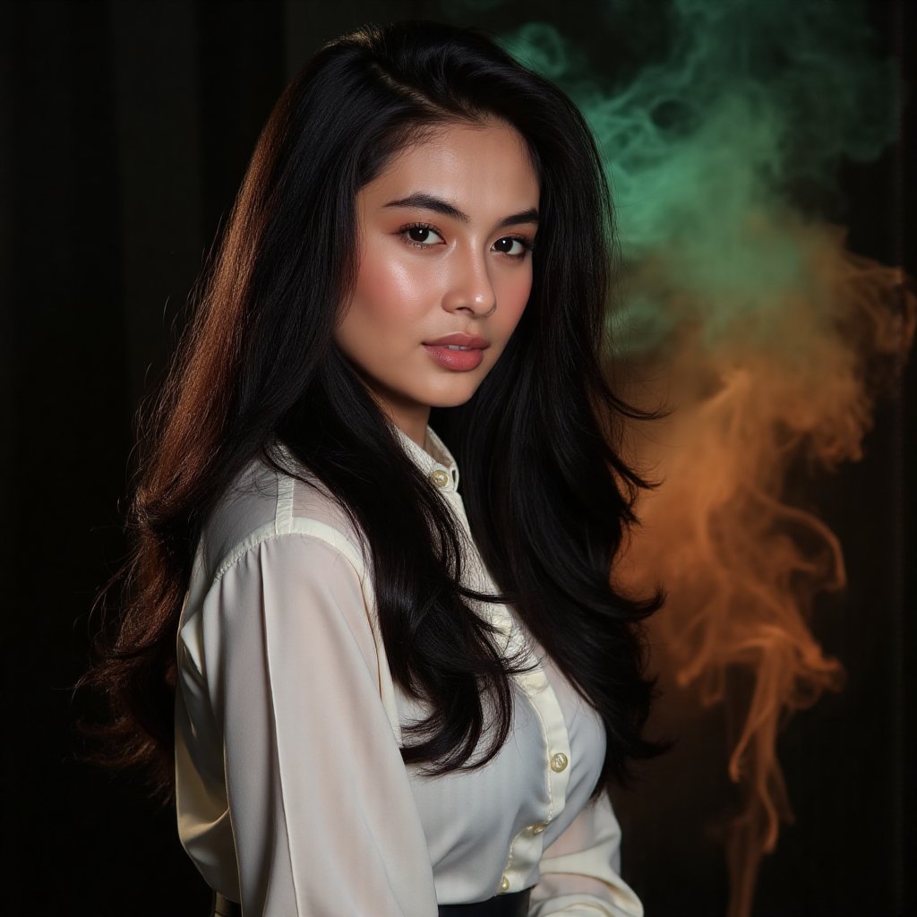 This image is an evocative,  high-definition picture of a breathtaking beautiful model captured in a low-light background....