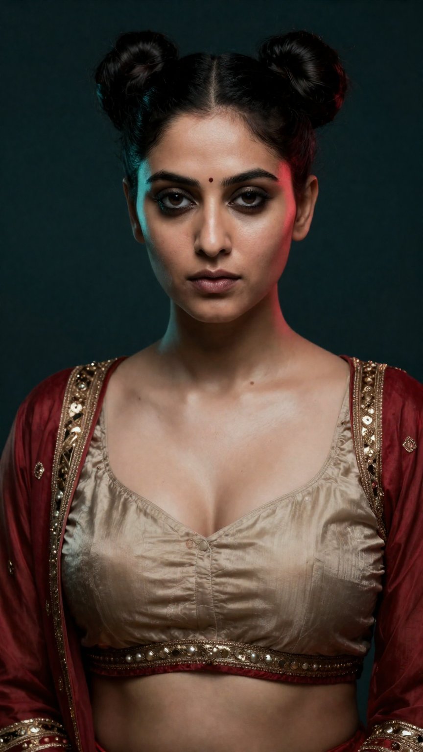 Create a stunning image of a beautiful punjabi woman with a double bun hairstyle,  wearing a luxurious and fashionable out...