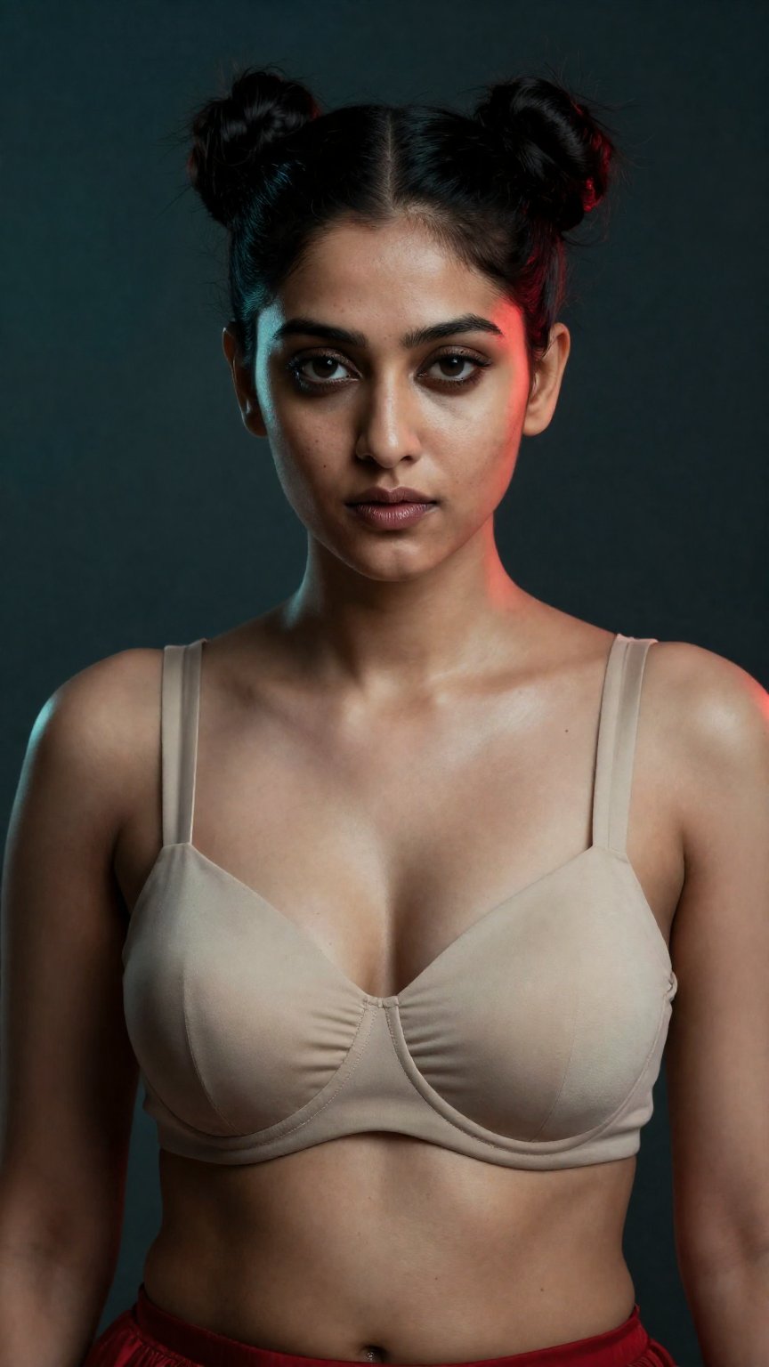 Create a stunning image of a beautiful South Asian woman with a double bun hairstyle,  wearing a luxurious and fashionable...
