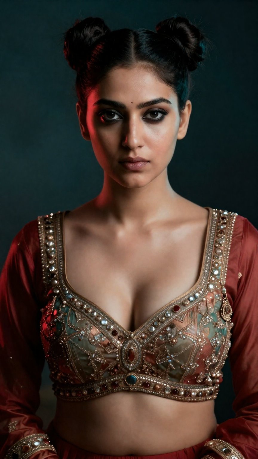 Create a stunning image of a beautiful punjabi woman with a double bun hairstyle,  wearing a luxurious and fashionable out...