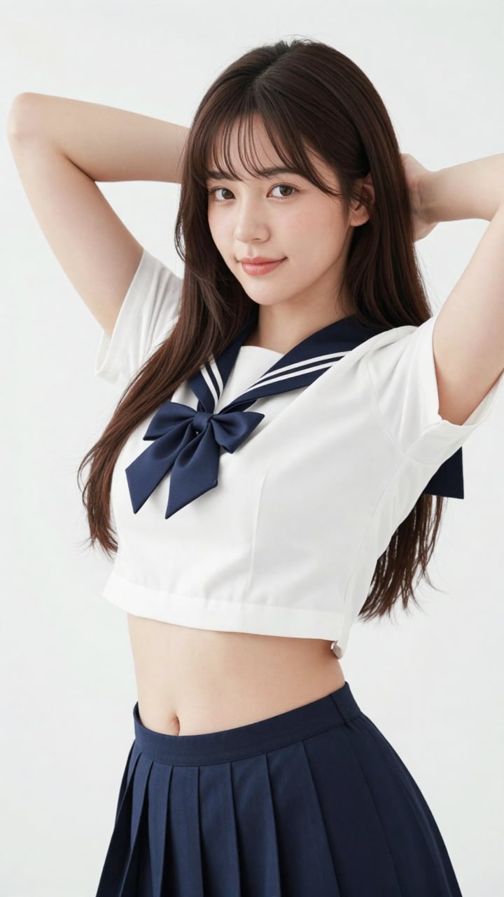 Hyper-realistic studio photography,  a beautiful young woman in a Japanese sailor school uniform,  long straight brunette...