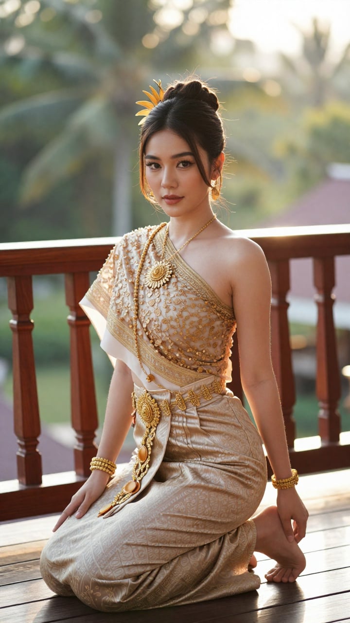 Prompt: Hyper-realistic,  masterpiece,  seductive Thai woman in provocative modern Thai Chut Thai by Monkeyzero on Tensor.Art