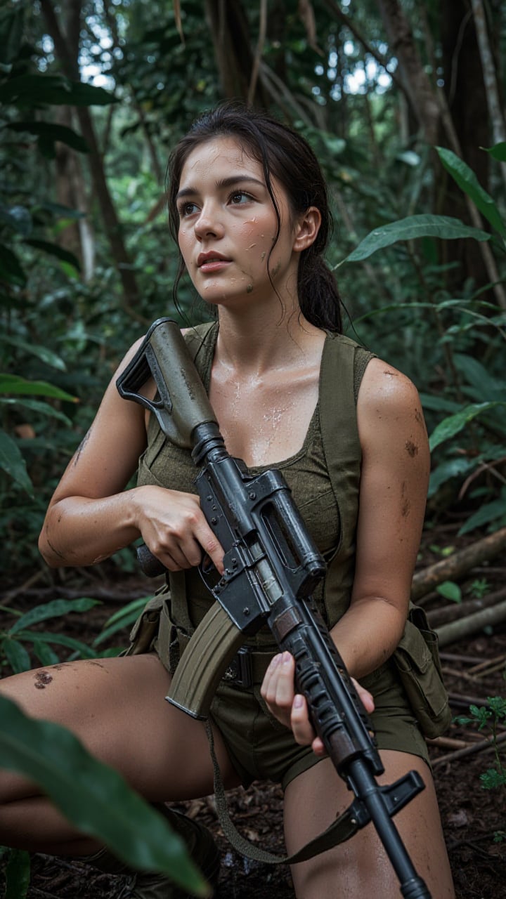 "A hyper-realistic war photograph from an extreme low angle,  looking up at a fierce female guerrilla soldier crouching in...