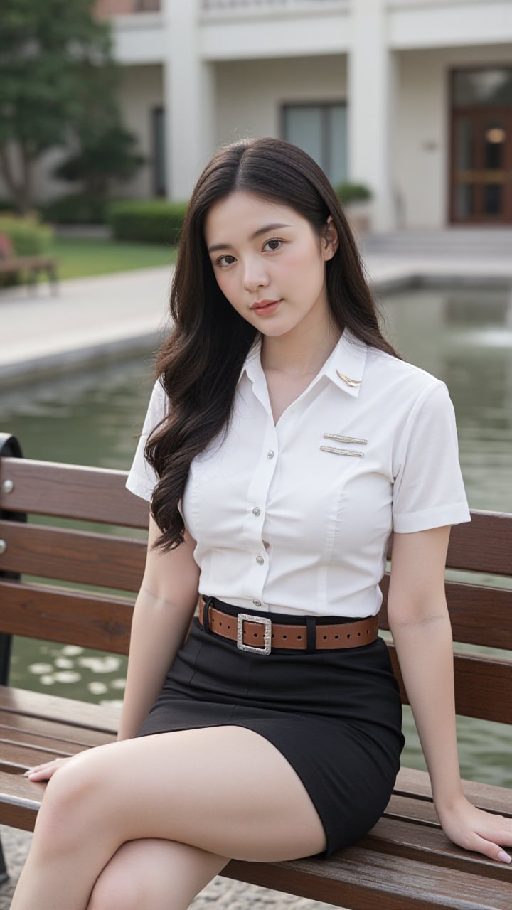 "A hyper-realistic professional photograph of a beautiful young Thai university student sitting on a wooden bench. She is...
