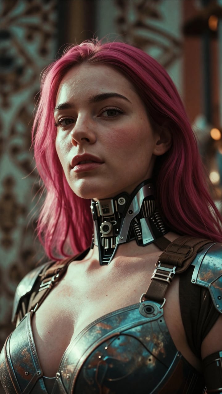 Hyper-realistic low-angle portrait of a beautiful woman with magenta pink hair,  wearing futuristic tactical tech-wear,  e...