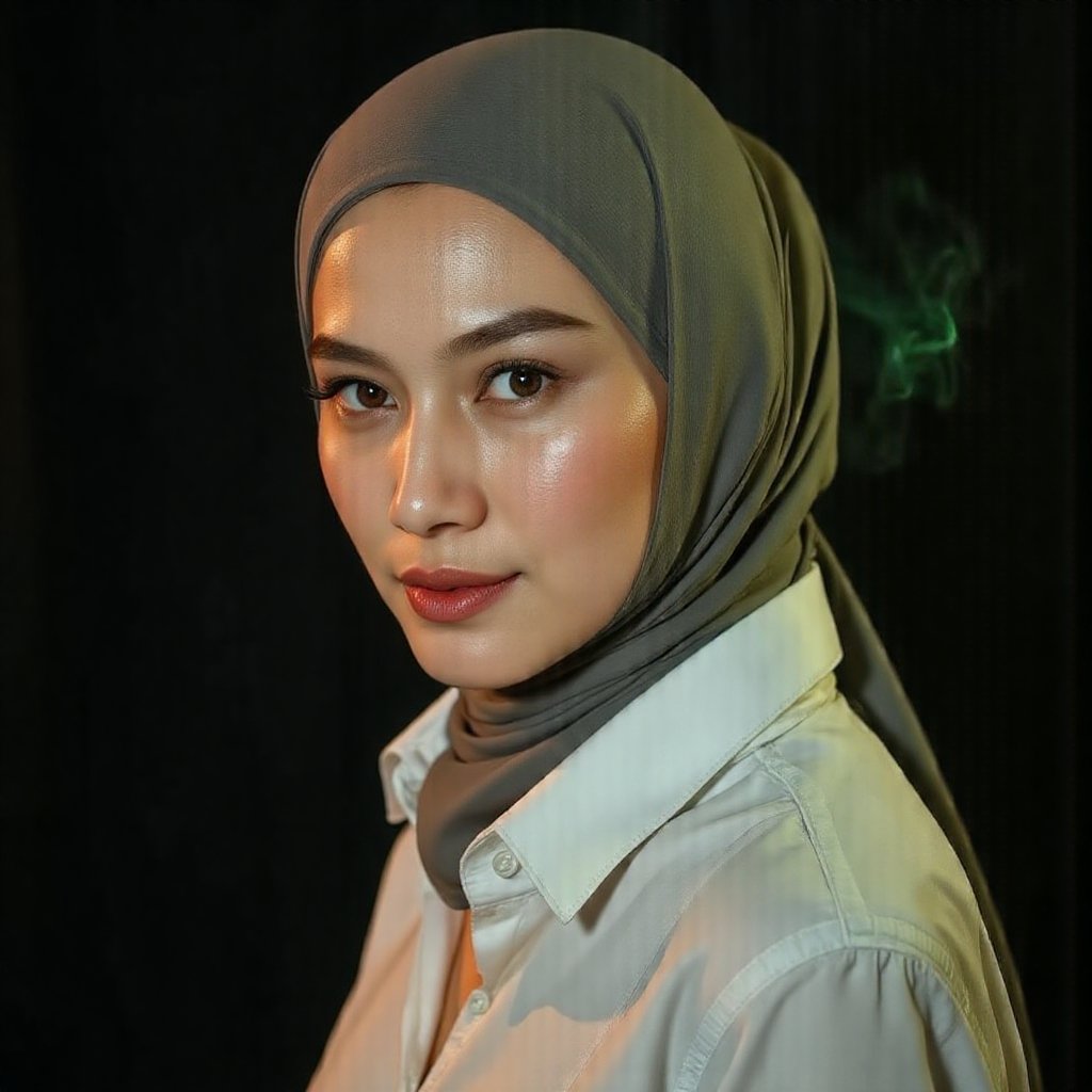 This image is an evocative,  high-definition picture of a breathtaking beautiful hijab-wearing model captured in a low-lig...