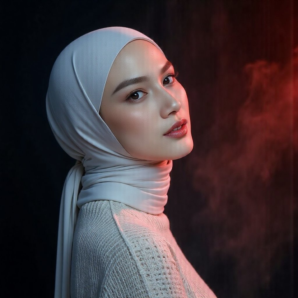 This image is an evocative,  seductive,  high-definition picture of a breathtakingly gorgeous model wearing hijab by jusTo...