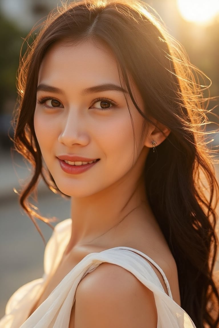 A stunning 20-year-old beautiful woman close-up within the frame,  radiant with elegance. Backlit by warm sunlight,  looki...