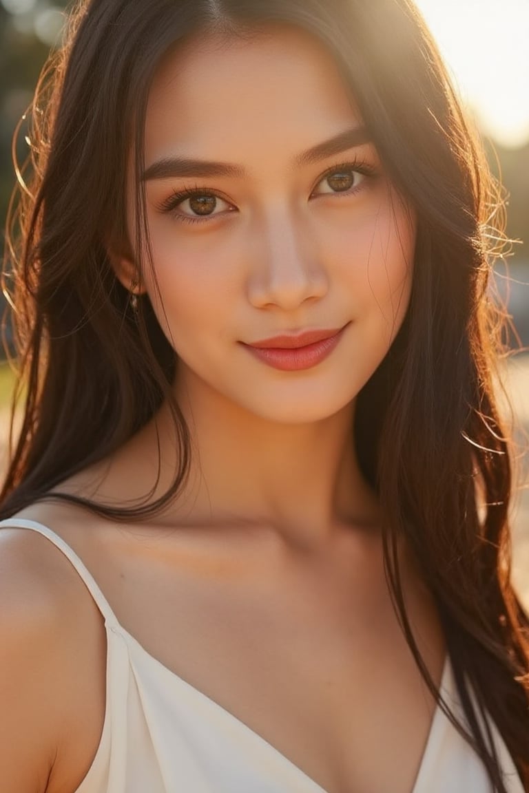A stunning 20-year-old beautiful woman close-up within the frame,  radiant with elegance. Backlit by warm sunlight,  looki...