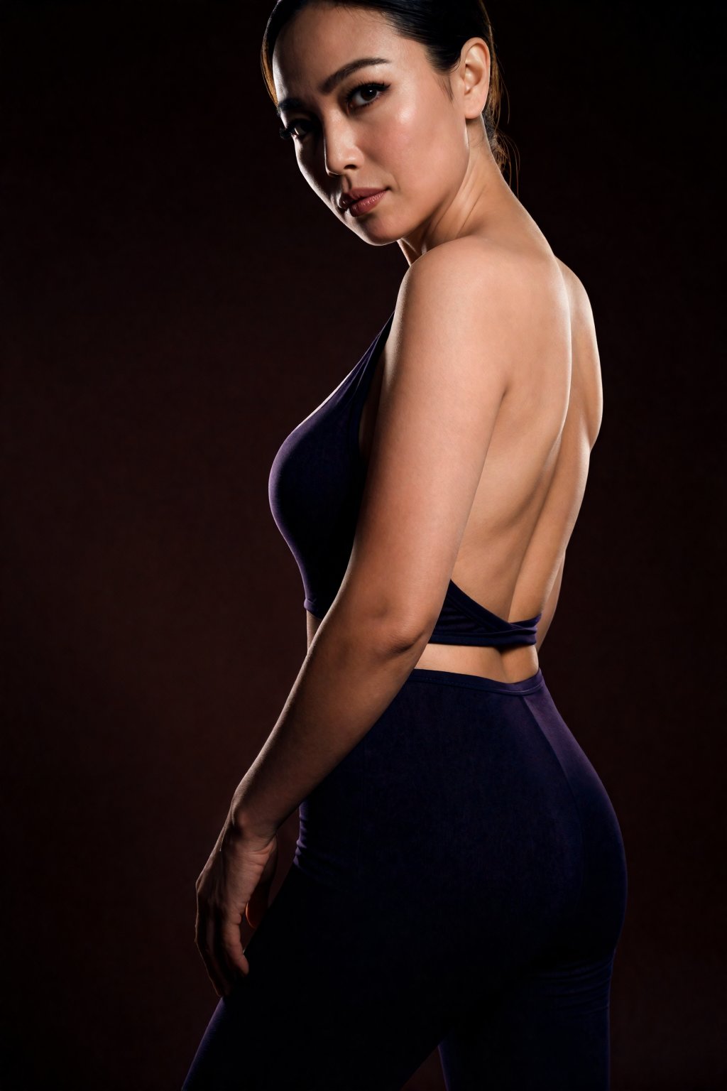 Close-up portrait of a confident trendy woman,  stylish top with open back and waist cutout design,  tight bodycon fit by...