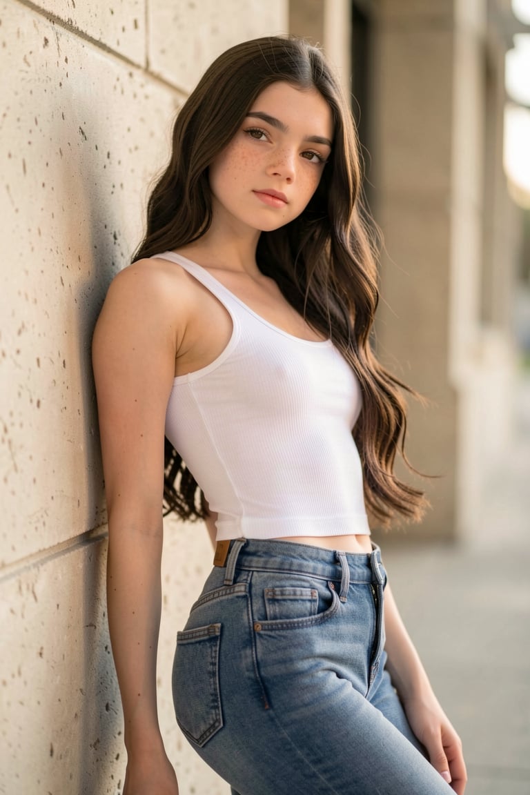 A photo-realistic image of an extremely beautiful girl,  (leaning back) against a wall. white top and tight denim jeans,...