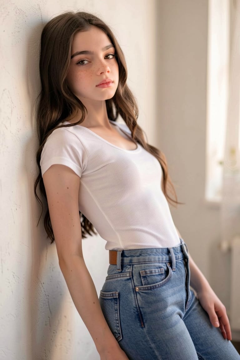A photo-realistic image of an extremely beautiful girl,  (leaning back) against a wall. white top and tight denim jeans,...