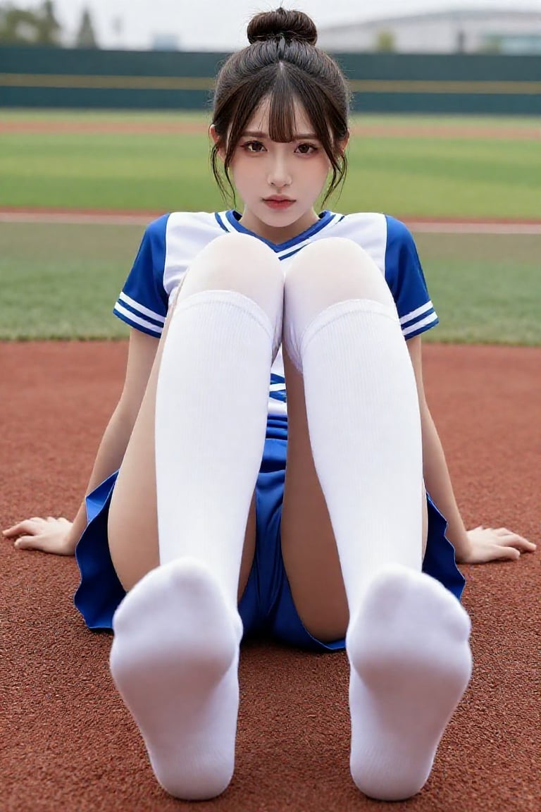 Create a realistic image of a 1girl with bun hair,  looking at the viewer with her parted bangs and brown eyes. She is wea...