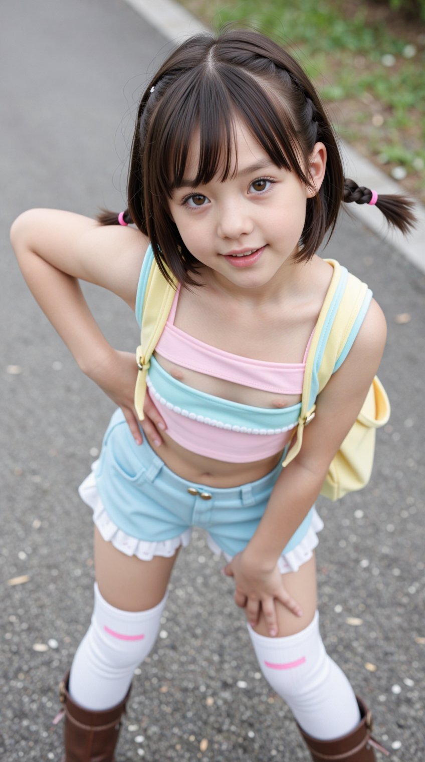 A breathtaking scene unfolds: An enchanting girl,  around eleven years old,  with striking features and captivating charm....