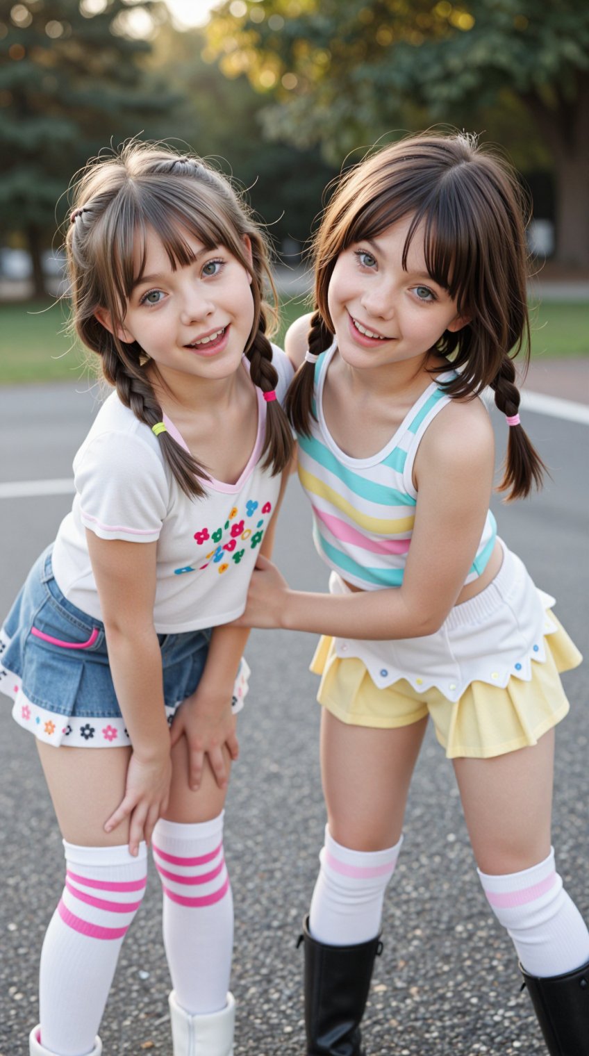 A breathtaking scene unfolds: two enchanting girls,  around eighten years old,  with striking features and captivating cha...