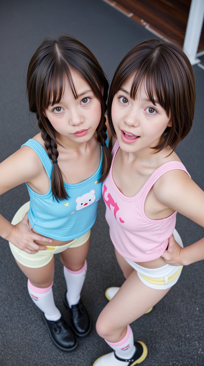 A breathtaking scene unfolds: two enchanting girls,  around eighten years old,  with striking features and captivating cha...