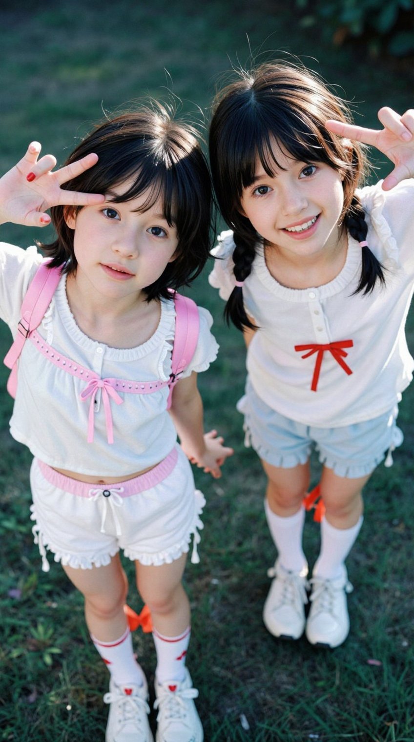 A breathtaking scene unfolds: two enchanting girls,  around eighten years old,  with striking features and captivating cha...
