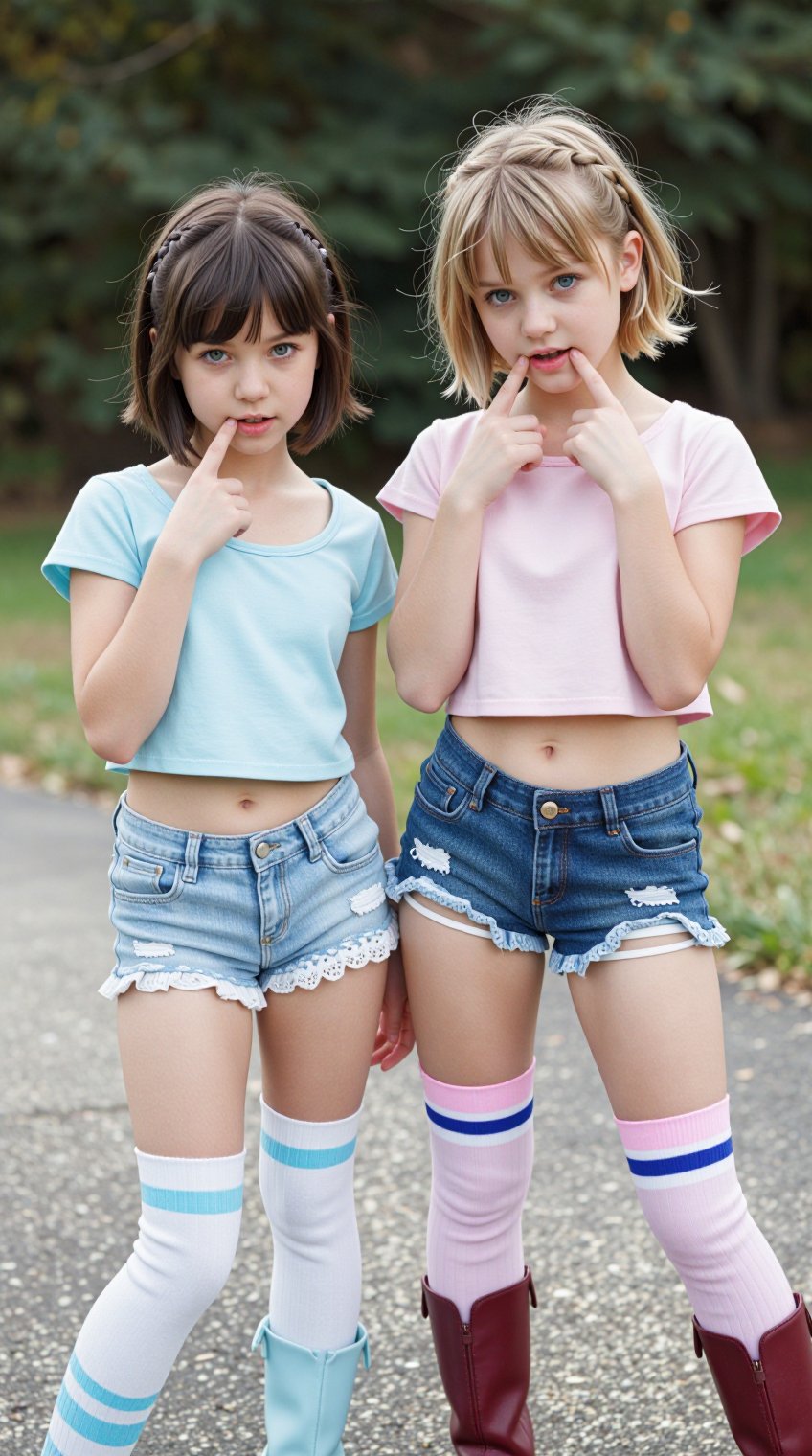 A breathtaking scene unfolds: two enchanting girls,  around eighten years old,  with striking features and captivating cha...