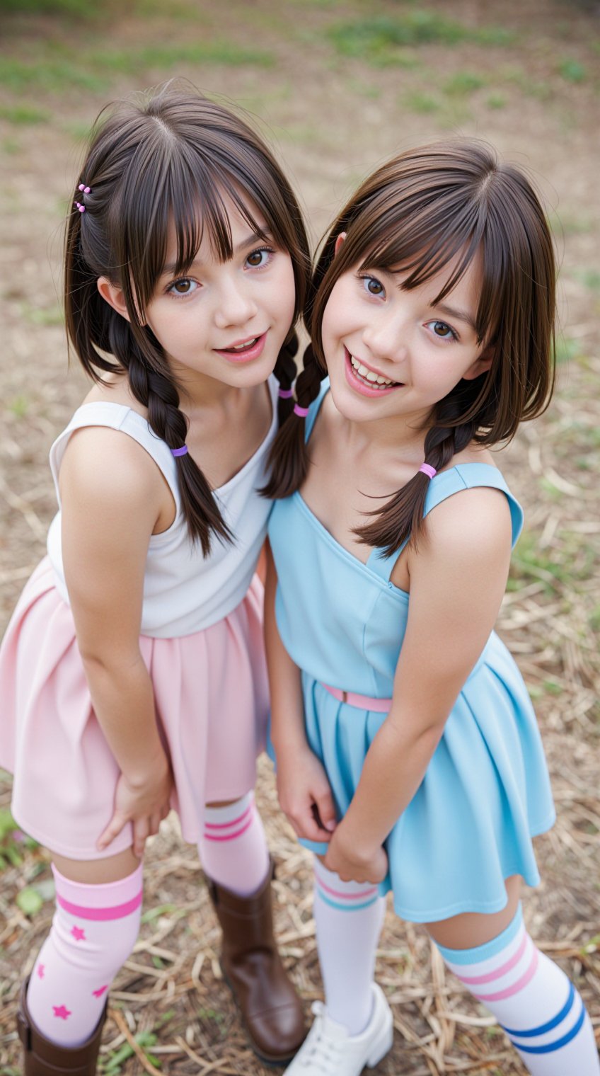 A breathtaking scene unfolds: two enchanting girls,  around eighten years old,  with striking features and captivating cha...