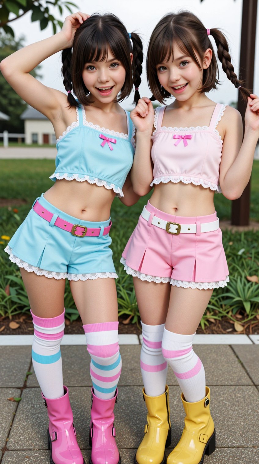 A breathtaking scene unfolds: two enchanting girls,  around eighten years old,  with striking features and captivating cha...