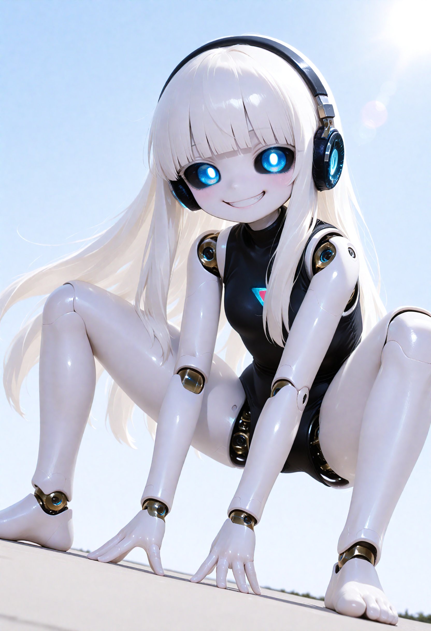 The robot has a sleek,  white design with black accents,  The character is positioned in a crouching stance by Mr_jack on...
