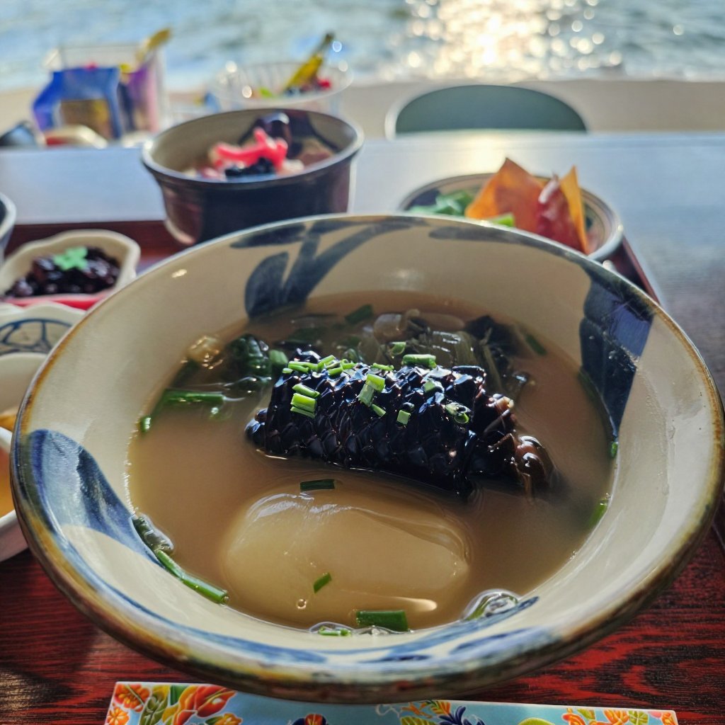 Traditional Okinawan Sea Snake Soup Set Meal (Irabu-jiru) elegantly plated at a luxury Okinawan resort restaurant. Main fo...