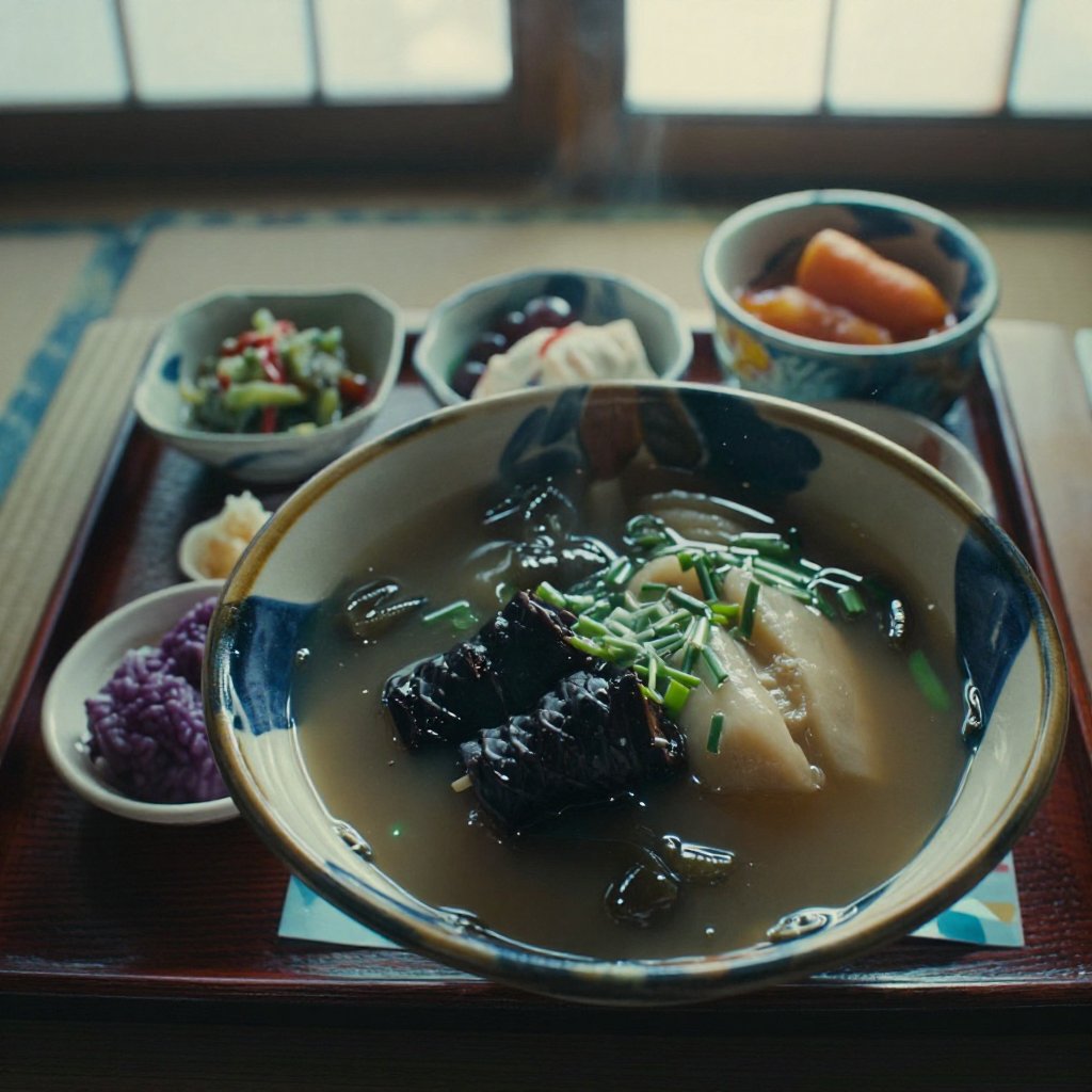 Traditional Okinawan Sea Snake Soup Set Meal (Irabu-jiru) served inside a classic Ryukyu-style tatami room,  cinematic pho...