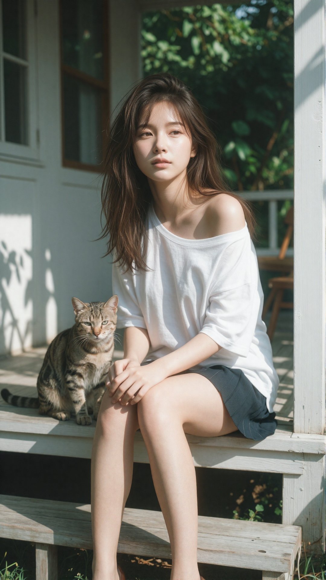 Prompt: Hyper-realistic 8k photo of a young Japanese girl sitting on a white wooden porch,  candid pose with hands tucked...