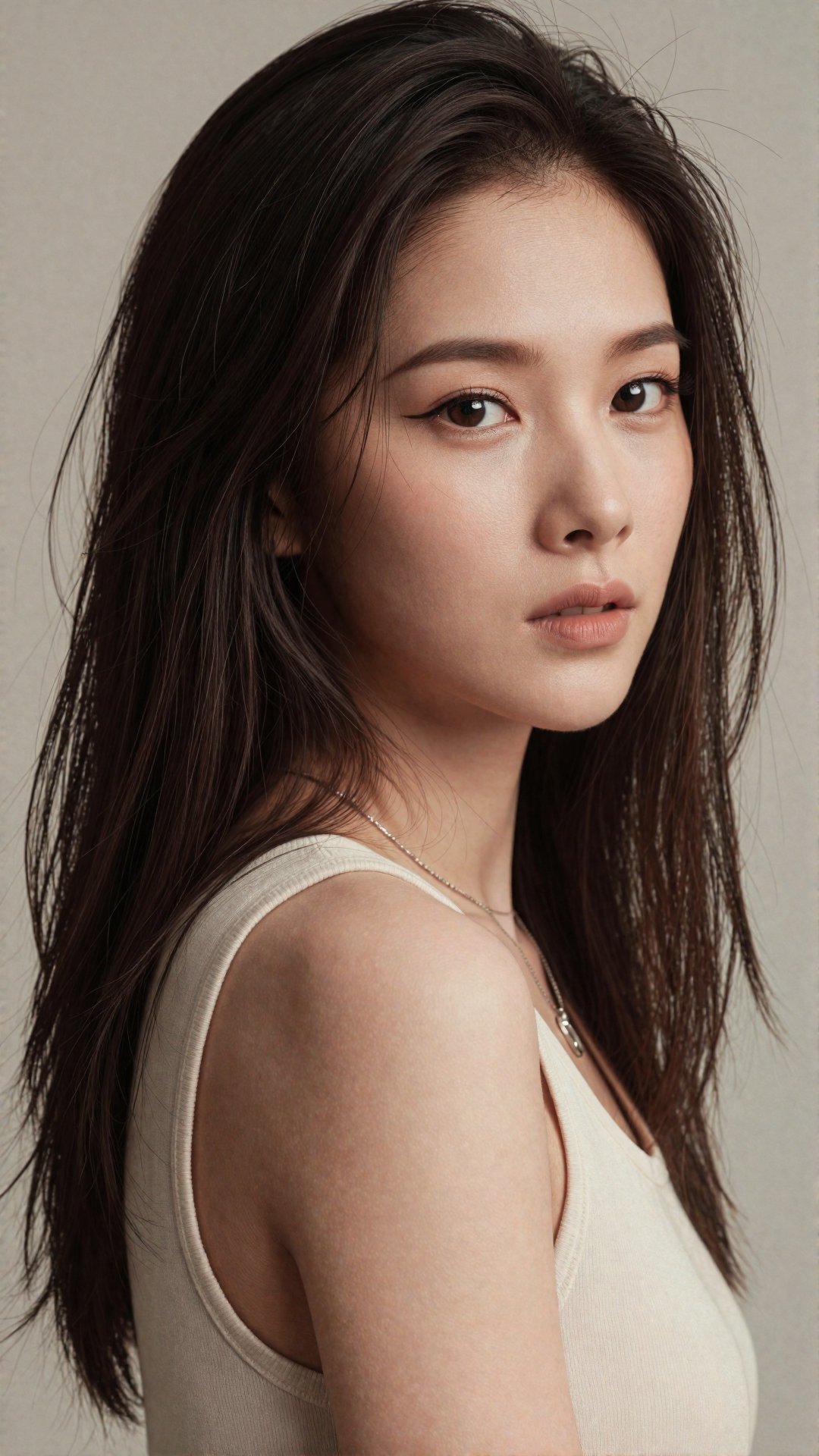 1. Overall Look: Ultra-realistic portrait of a young East Asian woman with a raw,  natural beauty and captivating sharp ga...