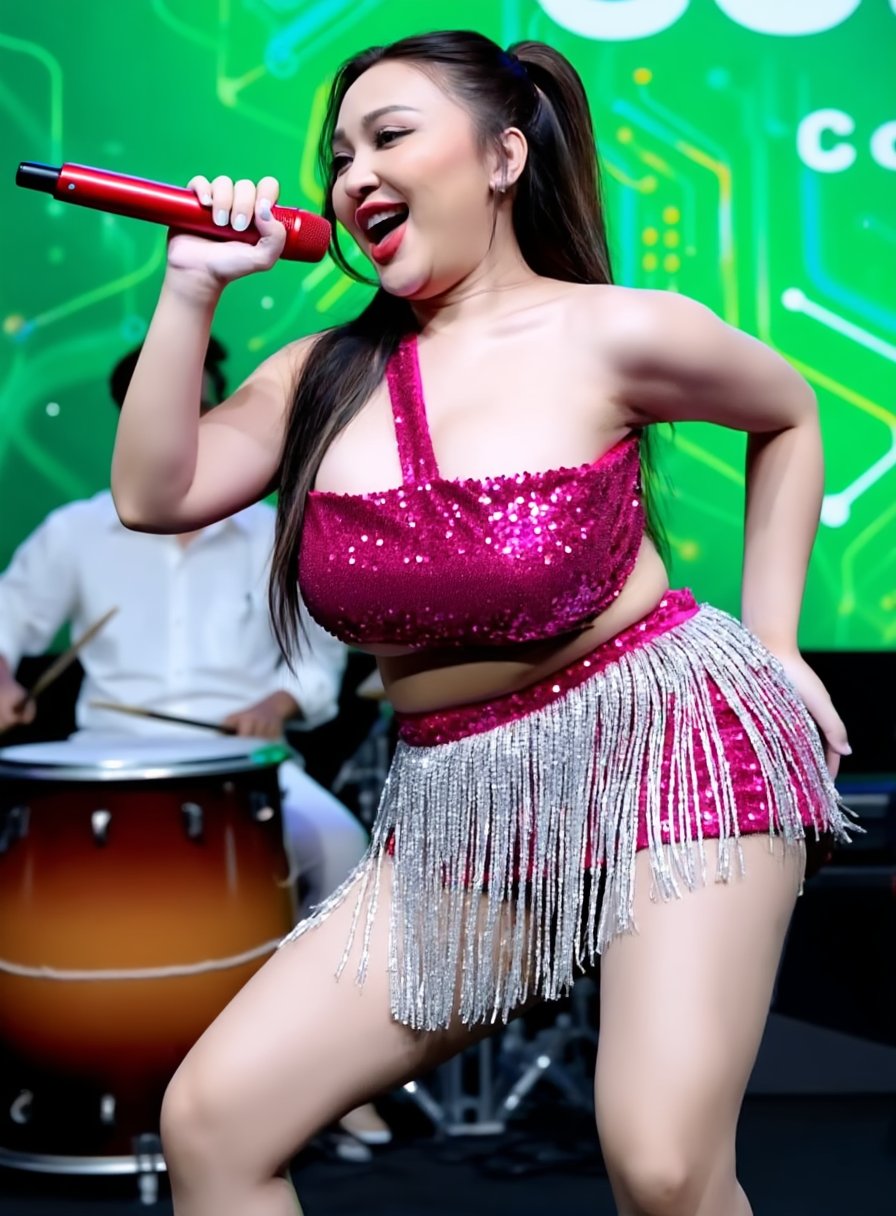 Medium shot of Cupit4,  A busty Dangdut singer with long dark hair in a high ponytail performs energetically on stage,  ho...