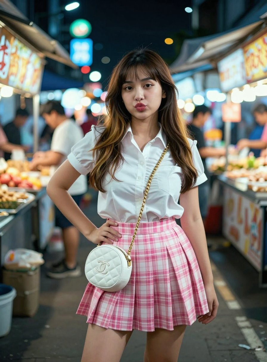Cinematic Film of Cupit4,  A young woman stands centered in a narrow passage in the middle of a vibrant night market in Ja...