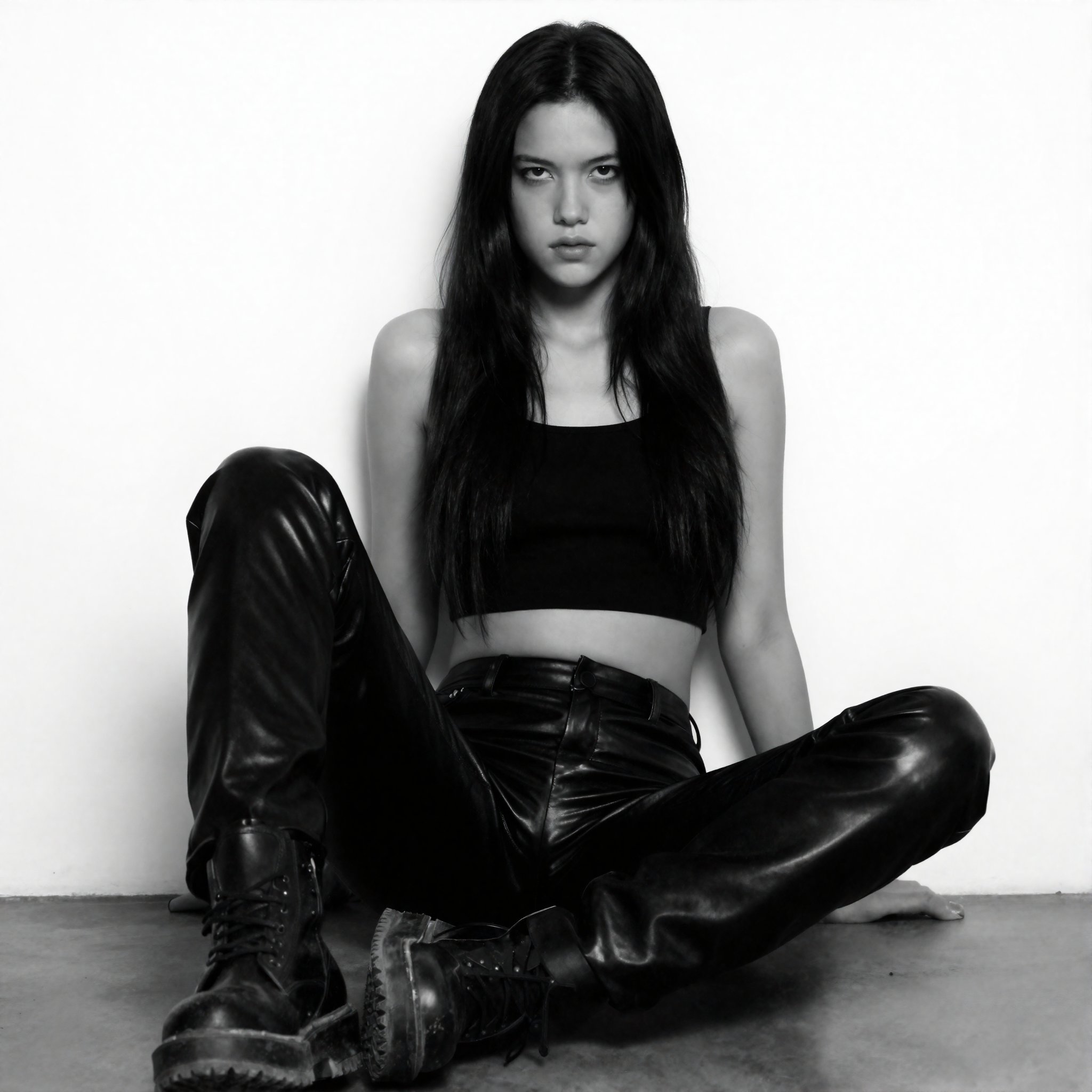 This is a high-contrast black-and-white photograph featuring a young woman with long,  straight black hair and pale skin....
