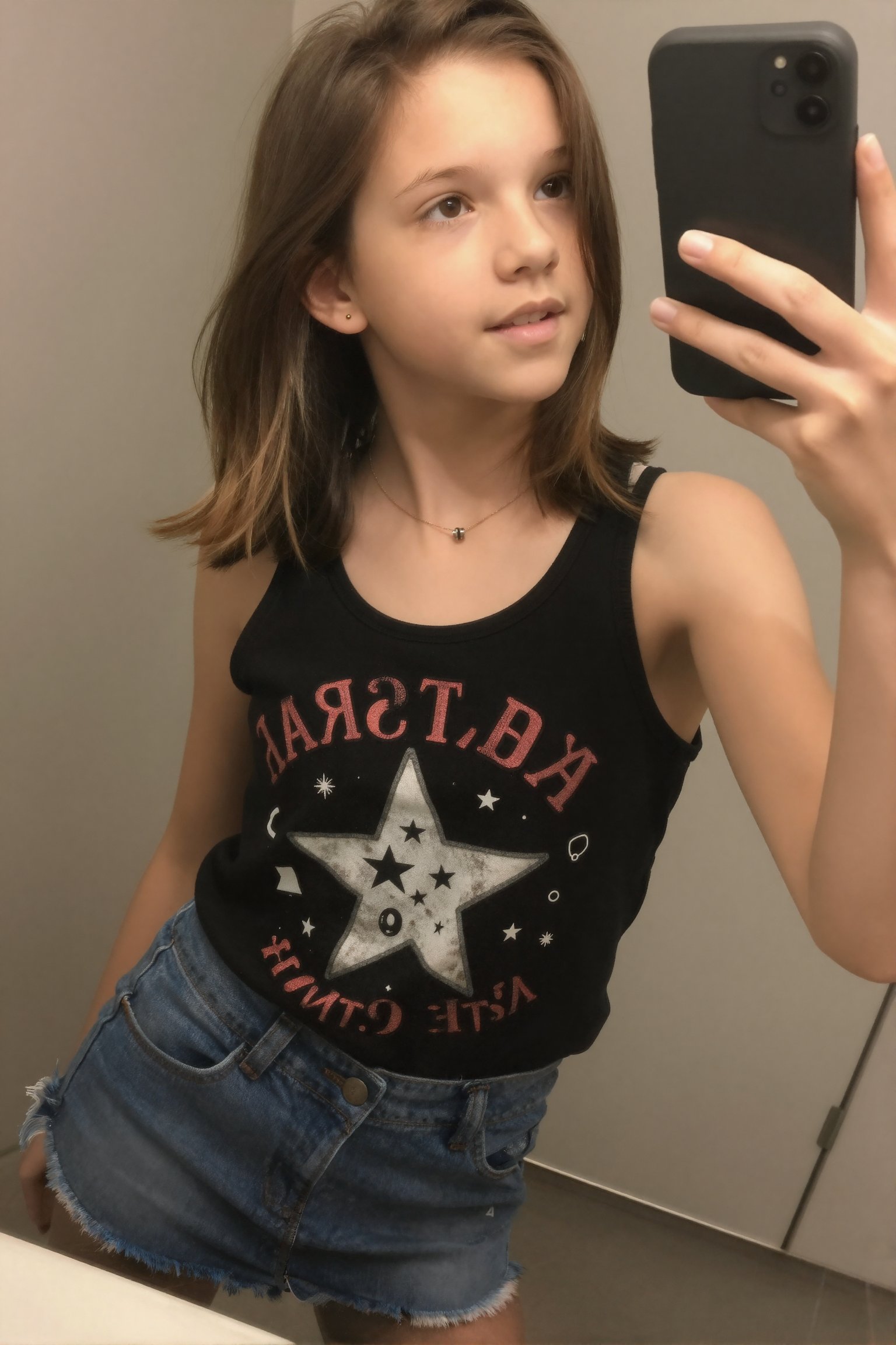 Create a candid photograph of a 16-year-old teenage girl with youthful beauty,  capturing her in a moment of taking a self...