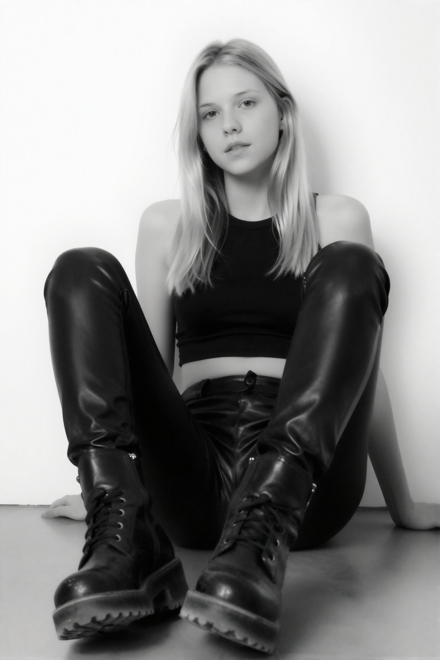 This is a high-contrast black-and-white photograph featuring a young woman with long straight blonde hair and pale skin. S...