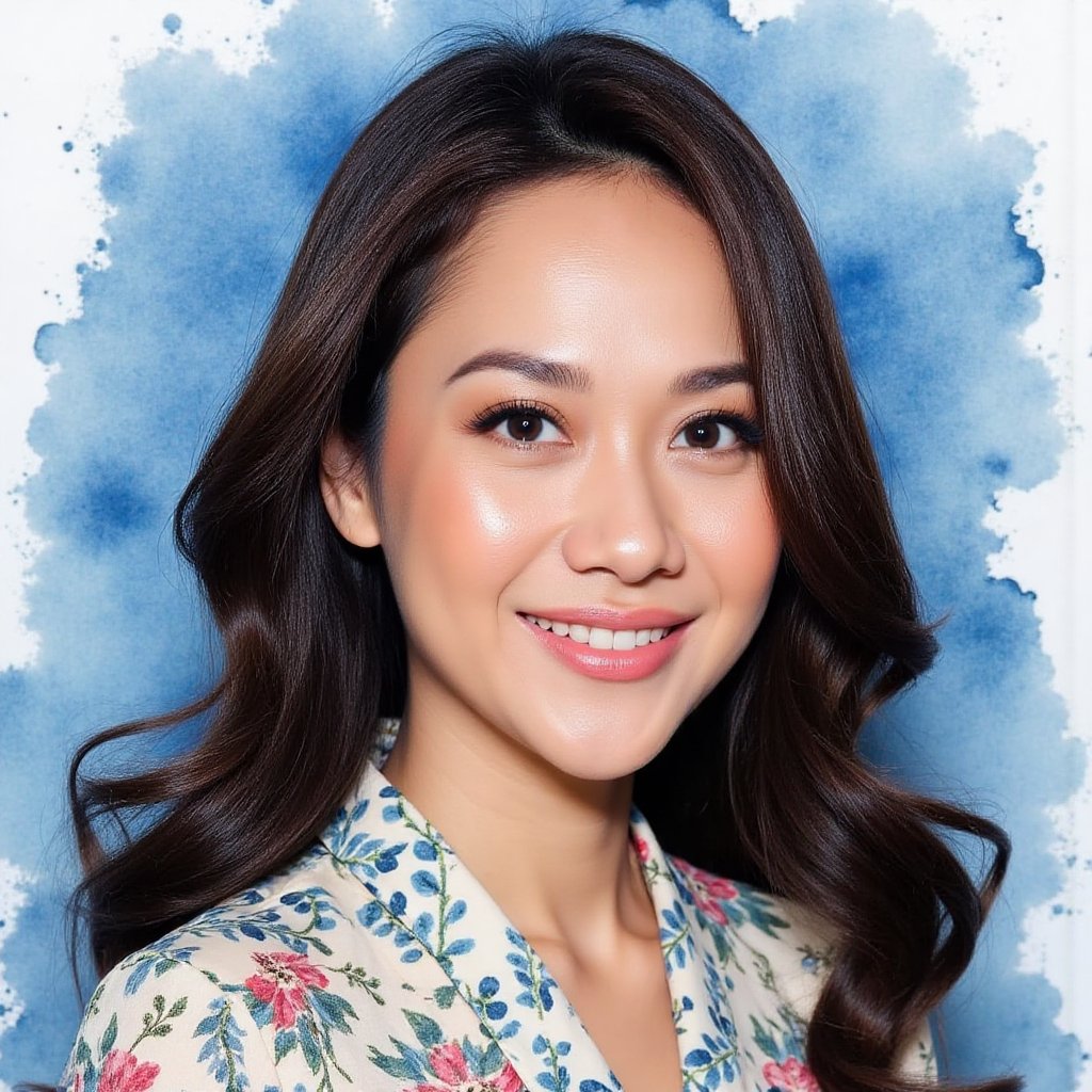 Full long shot a portrait,  stunning Asian woman long voluminous black hair,  small flora and blouse pattern by jusTomat o...