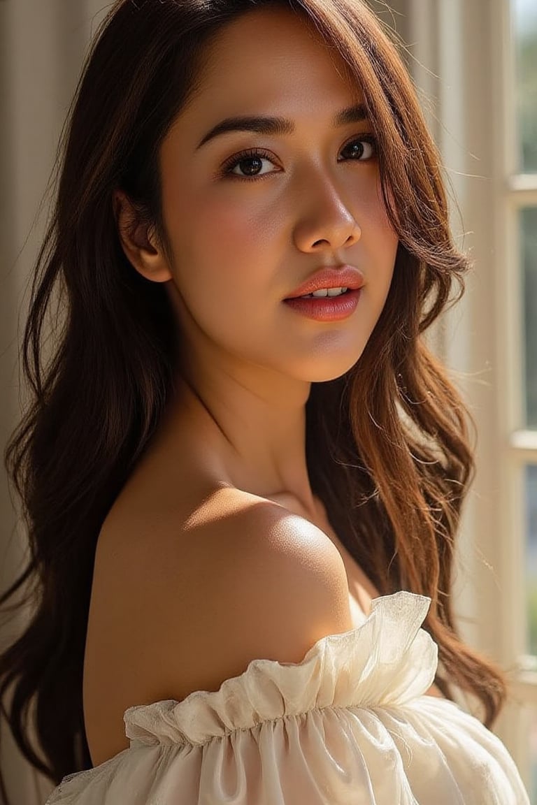 A stunning 20-year-old beautiful woman close-up within the frame,  radiant with elegance. Backlit by warm sunlight,  looki...