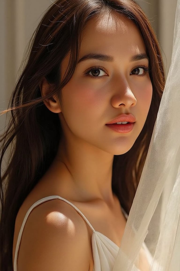 A stunning 20-year-old beautiful woman close-up within the frame,  radiant with elegance. Backlit by warm sunlight,  looki...