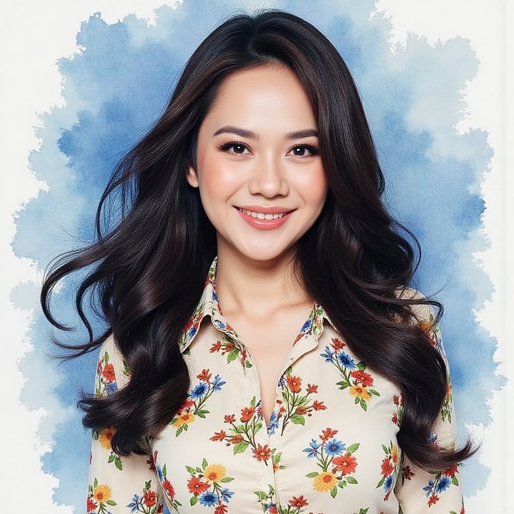 Full long shot a portrait,  stunning Asian woman long voluminous black hair,  small flora and blouse pattern by jusTomat o...