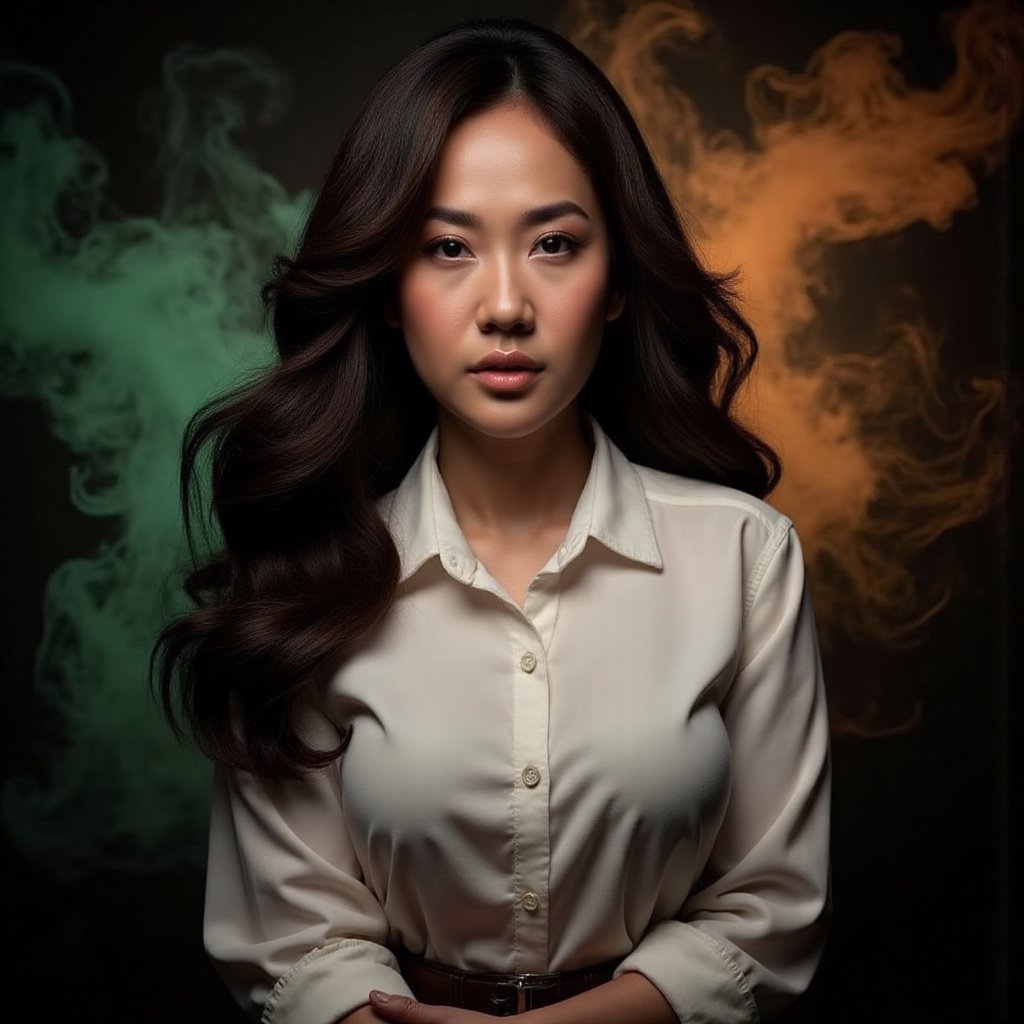 This image is an evocative,  high-definition picture of a breathtaking beautiful model captured in a low-light background....