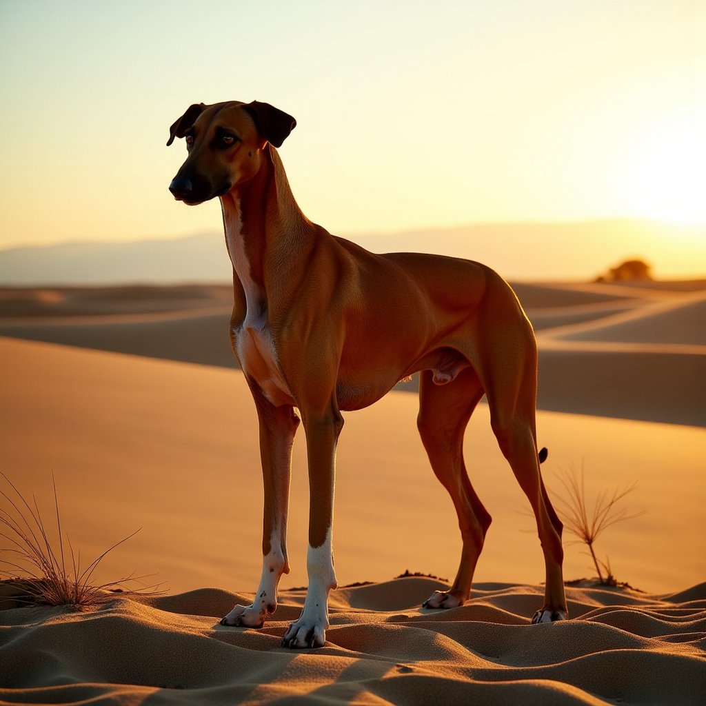 Photorealistic,  cinematic style,  horizontal angle view. A red-coated Azawakh standing alert on dry golden sand at the ed...