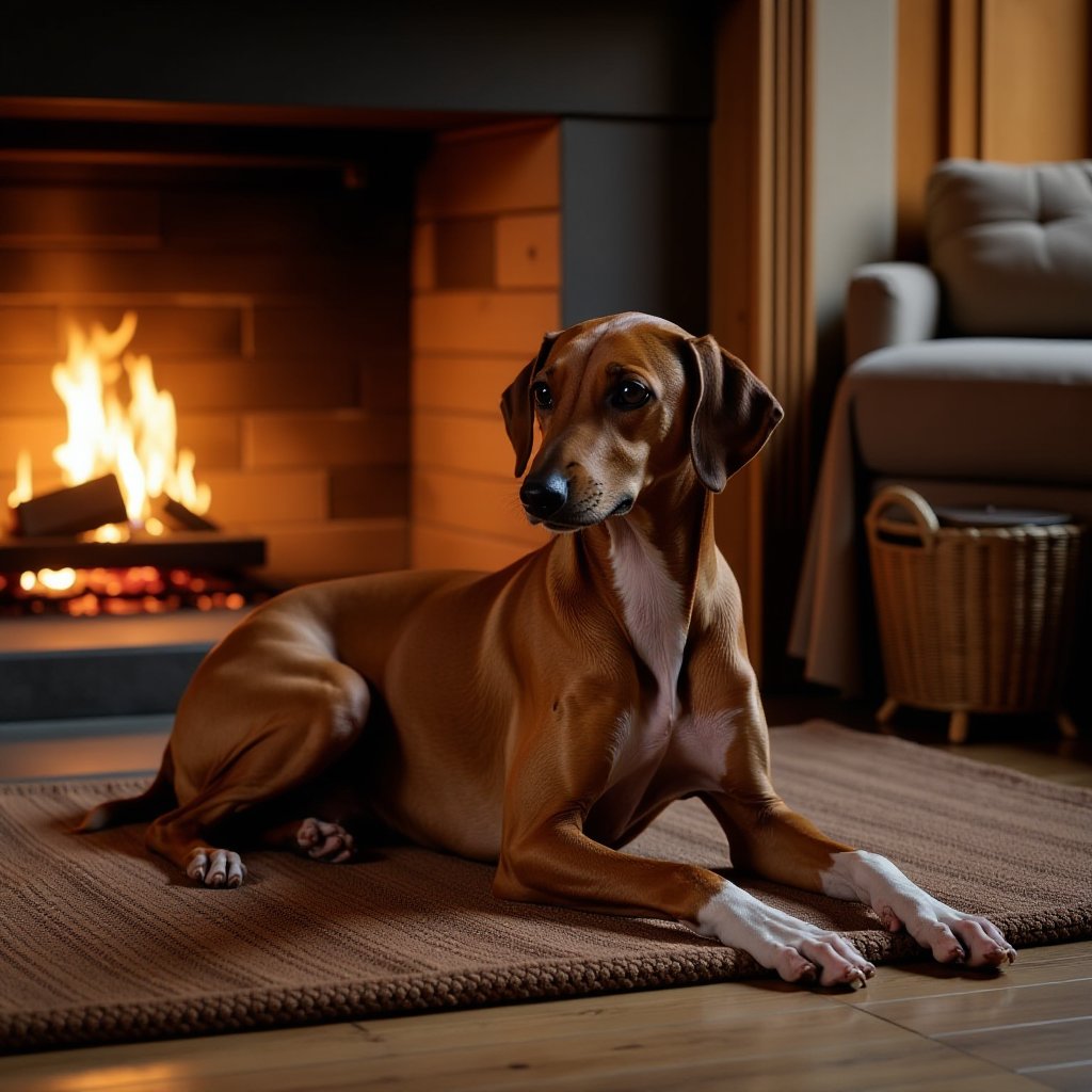 Photorealistic,  cinematic style,  horizontal angle view. A red-coated Azawakh lying relaxed beside a crackling fireplace...