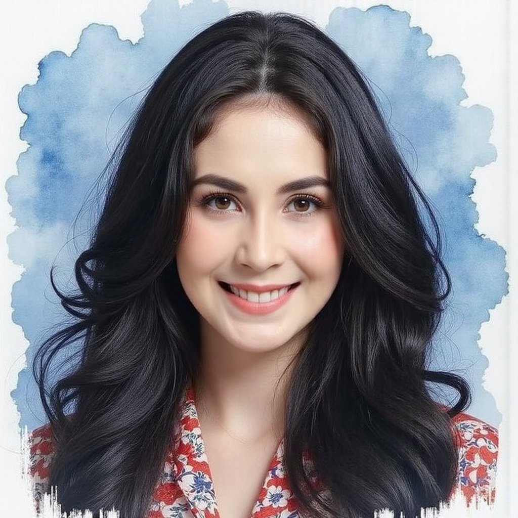 Full long shot a portrait,  stunning Asian woman long voluminous black hair,  small flora and blouse pattern by jusTomat o...