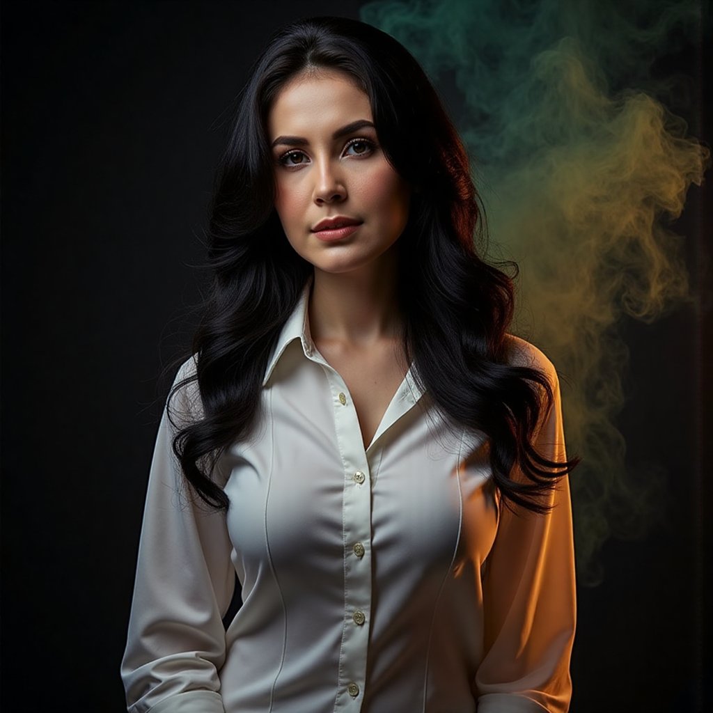 This image is an evocative,  high-definition picture of a breathtaking beautiful model captured in a low-light background....